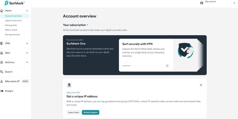 SurfShark VPN Review - VPN Dashboard